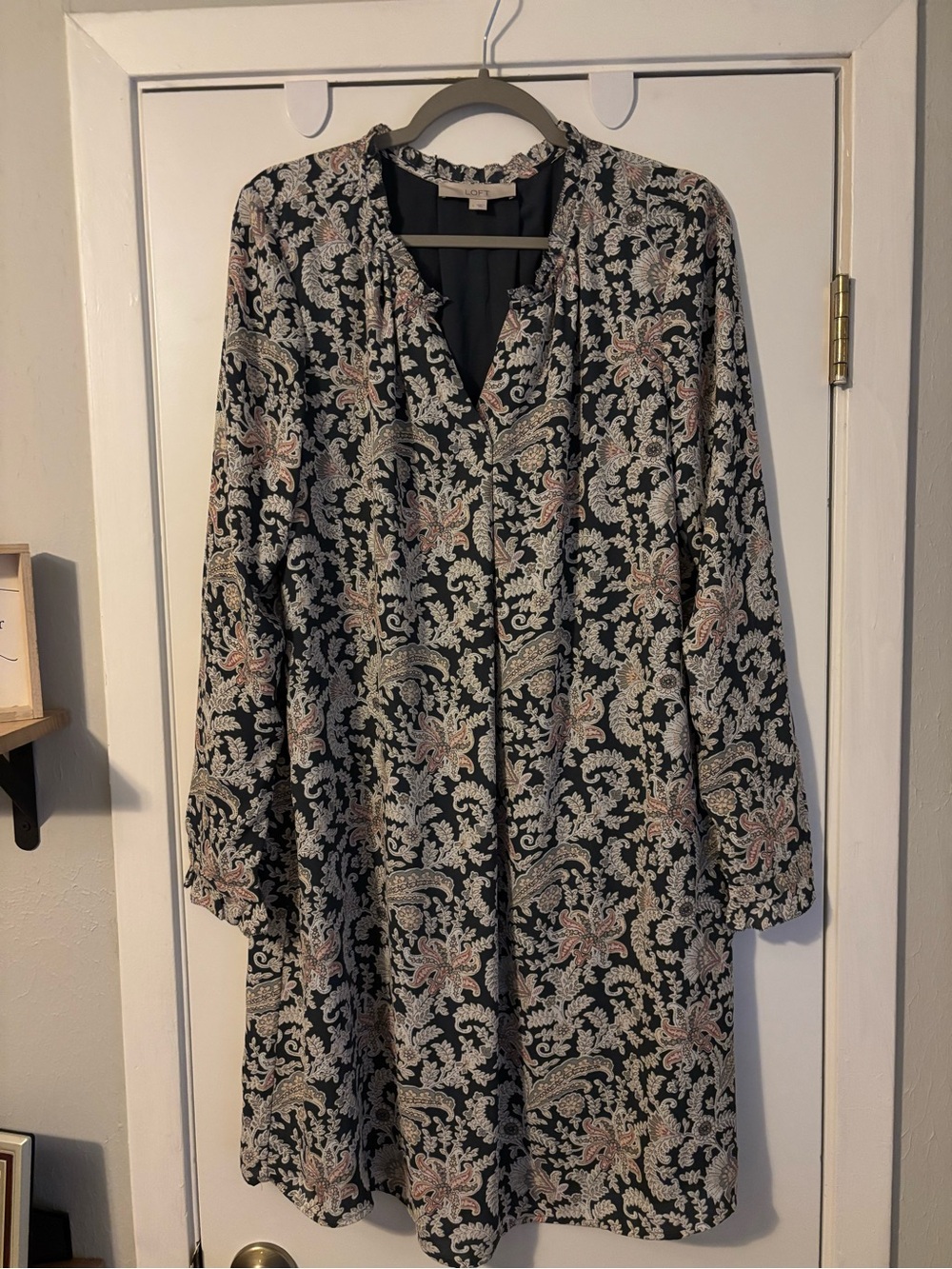 LOFT Black Shift Dress with Pink and Cream Paisley